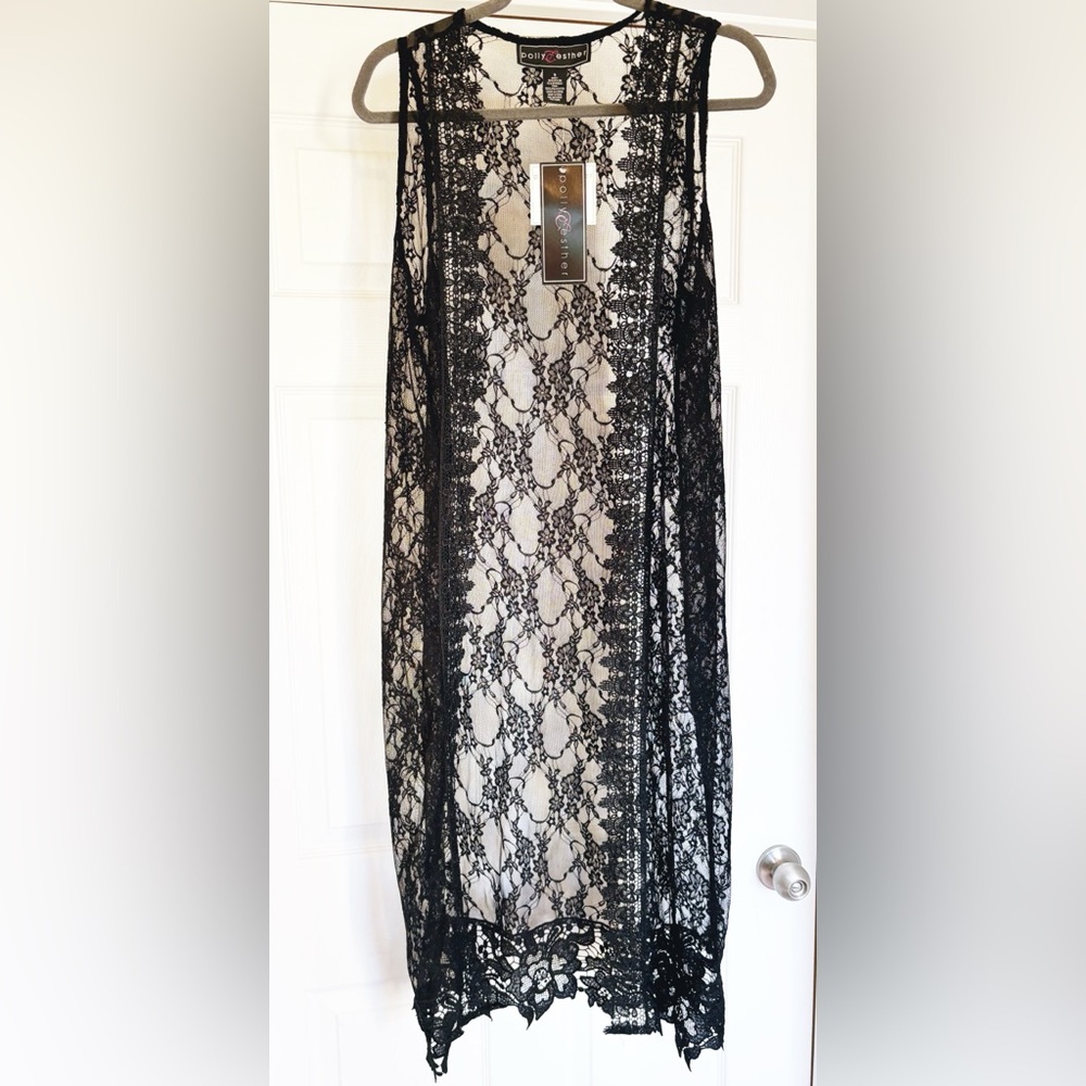 NWT Polly & Esther Black Lace Sleeveless Maxi Duster / Cover up in Size Medium - Picture 1 of 7